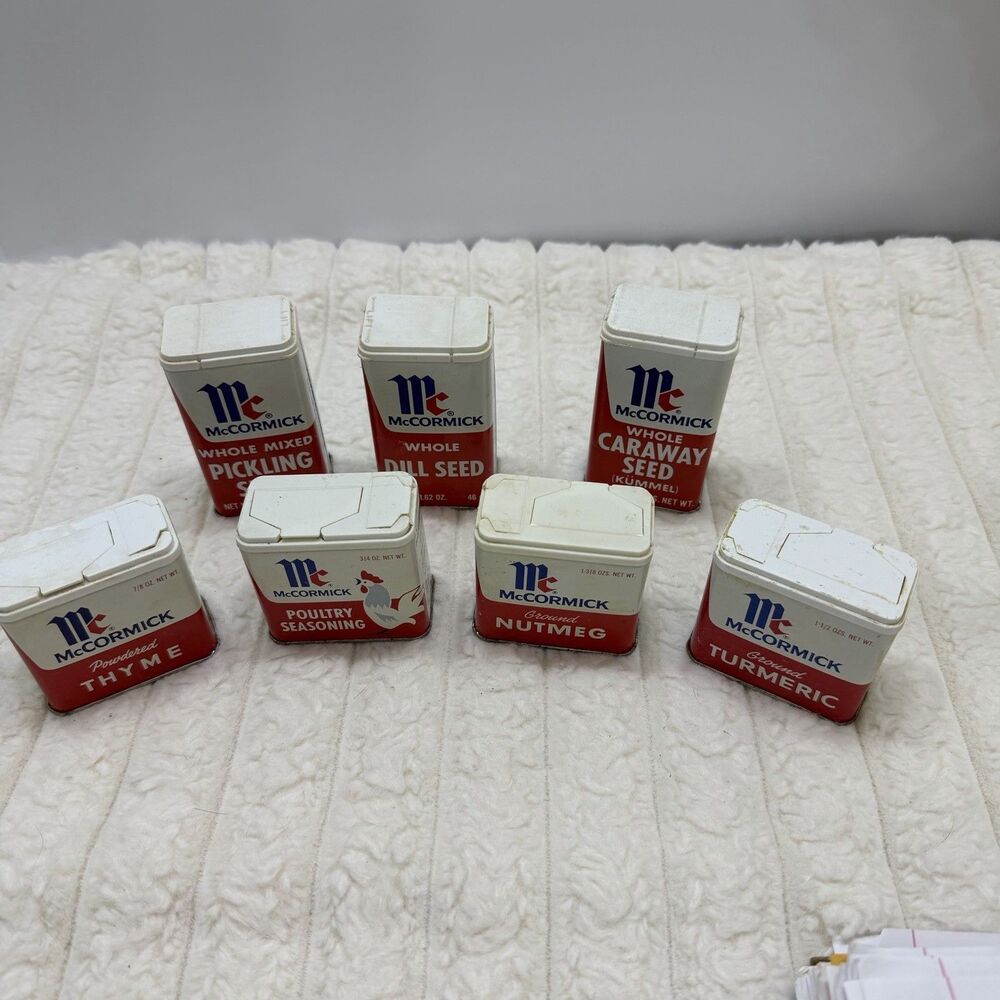 Vintage McCormick Spice Tins Lot of 7 - Mid 1970s Farmhouse Kitchen Decor